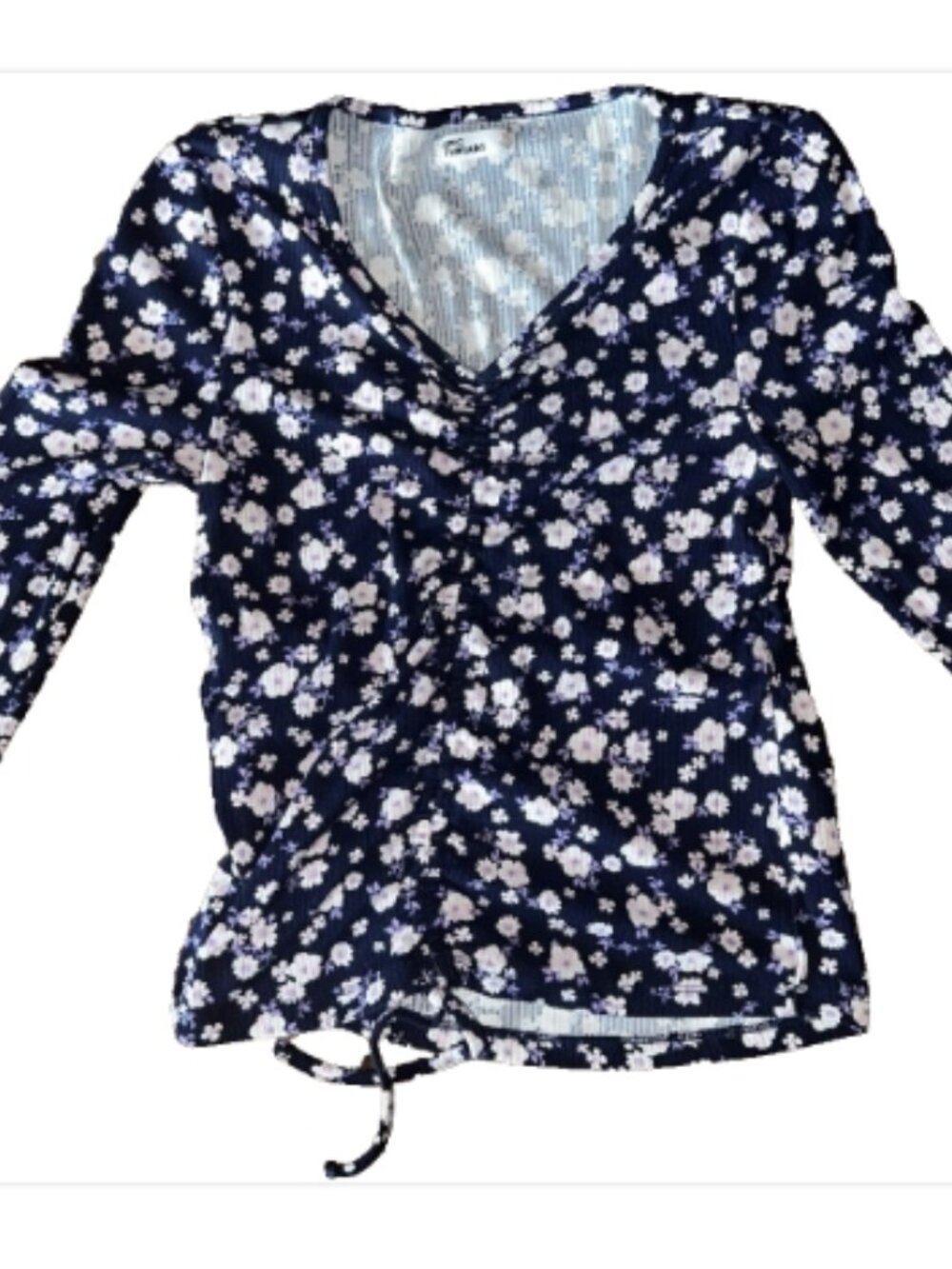 🌸 Epic Threads Floral Top XL Blue Ruched Front Long Sleeve Blouse